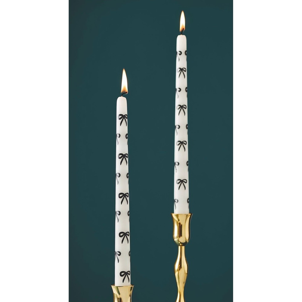 Anthropologie Hand Painted Bow Taper Candles Set of 2 White Black 12 Inch NEW‎
